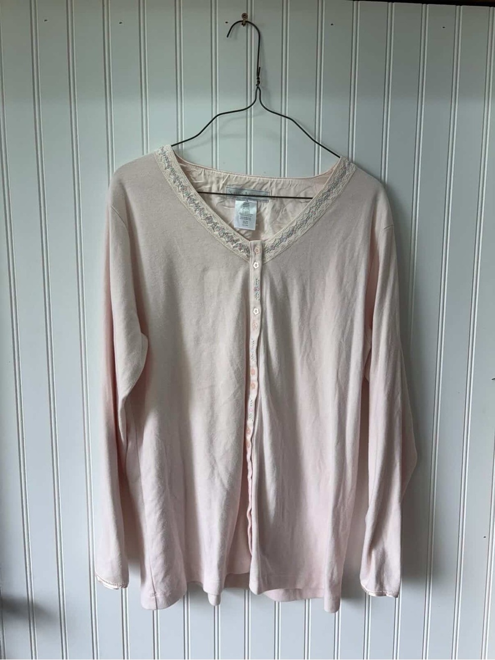 Earth angels vintage cotton poly Light Pink Button-Front Cardigan with Lace Trim
